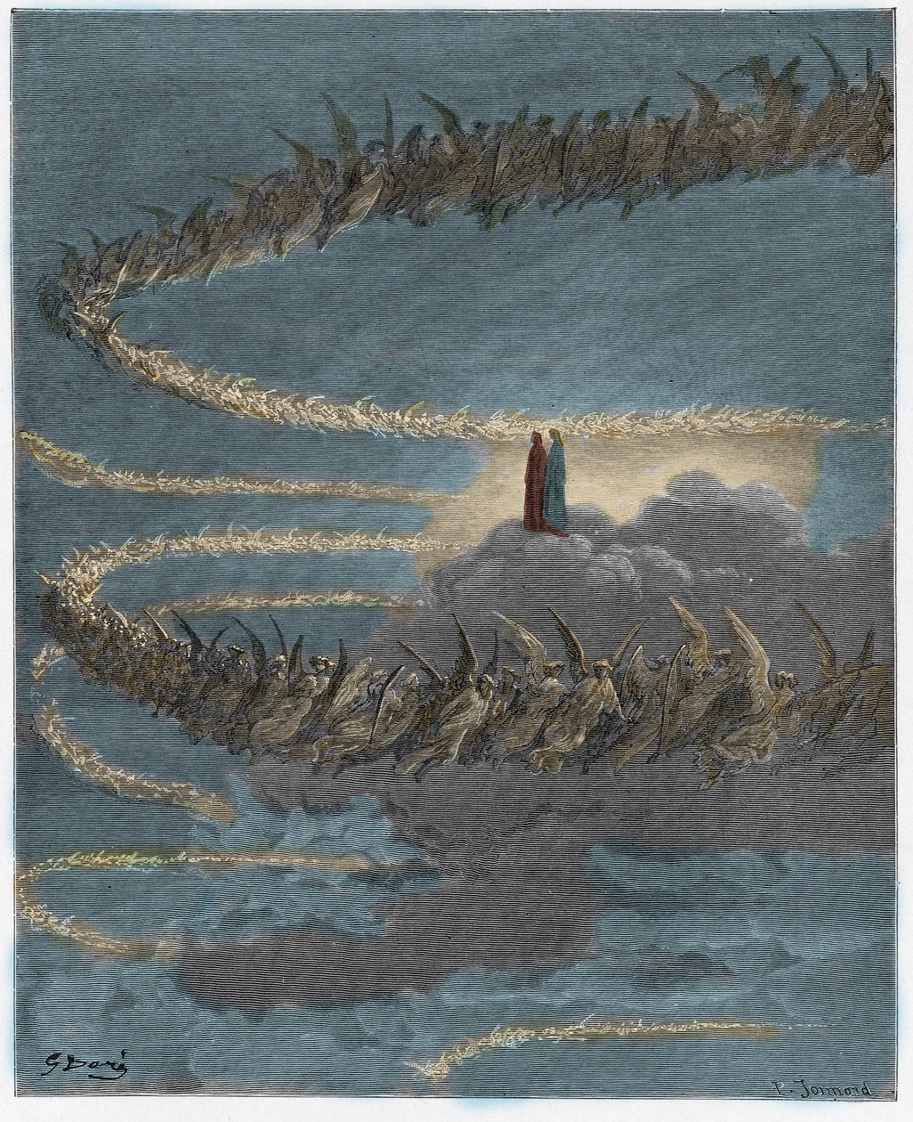 Paradiso, Canto 18: I Jupiters sfære cirkler de velsignede sjæle for at danne bogstaver, illustration fra Den guddommelige komedie af Dante Alighieri, 1885 (digitalt farvet gravering) af Gustave after Dore