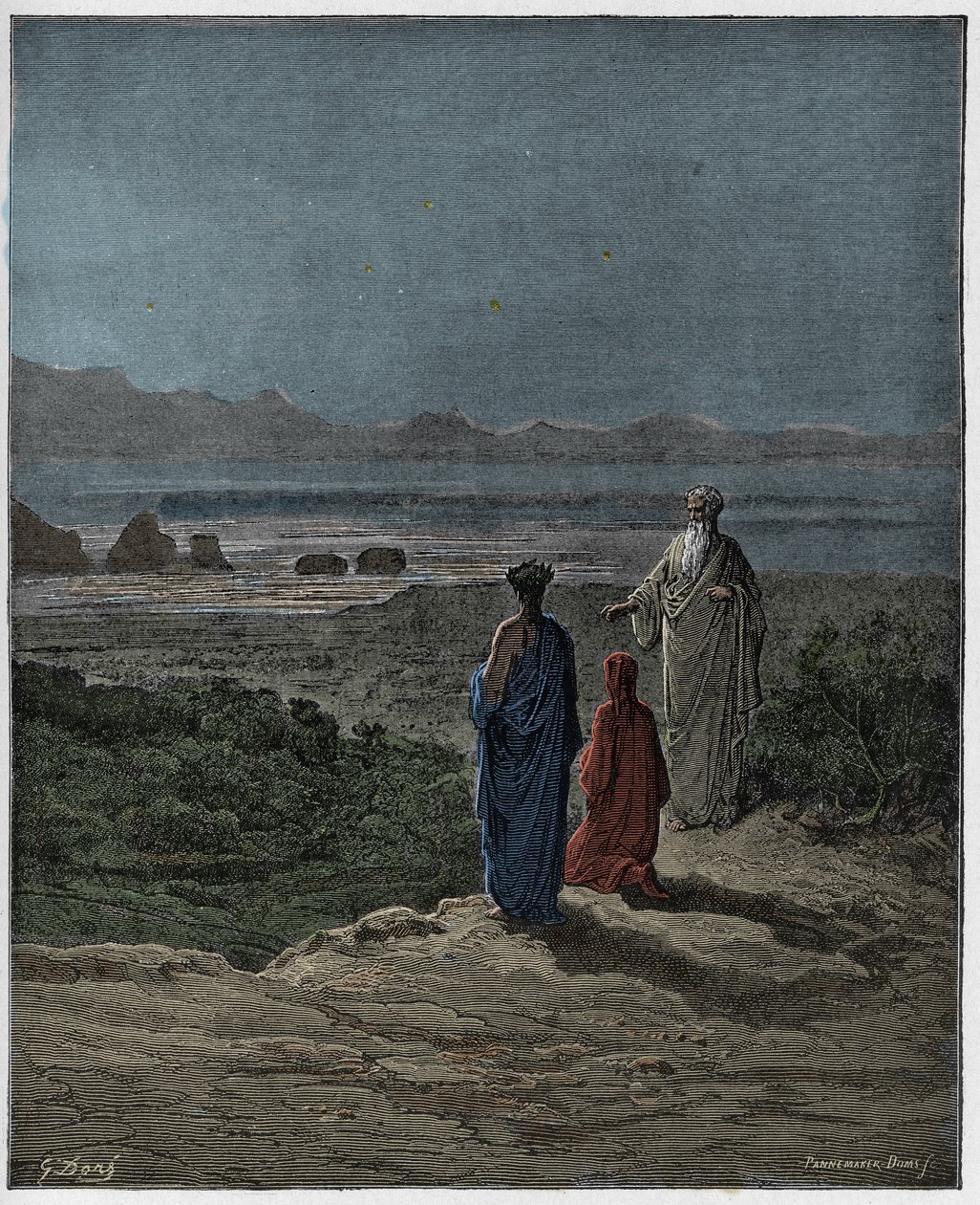 Purgatorio, Canto 1 : Dante knæler foran Statius (Stace), illustration fra Den guddommelige komedie af Dante Alighieri, 1885 (digitalt farvelagt gravering) af Gustave after Dore