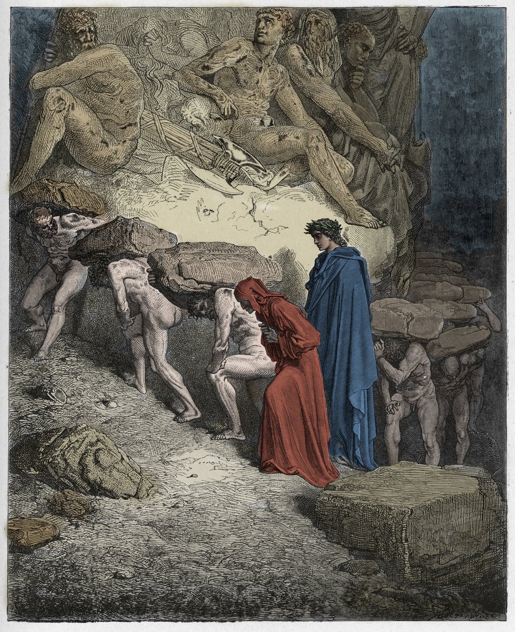 Purgatorio, Canto 11: De stoltes sjæle, bærende tunge sten, illustration fra The Divine Comedy af Dante Alighieri, 1885 (digitalt farvet gravering) af Gustave after Dore