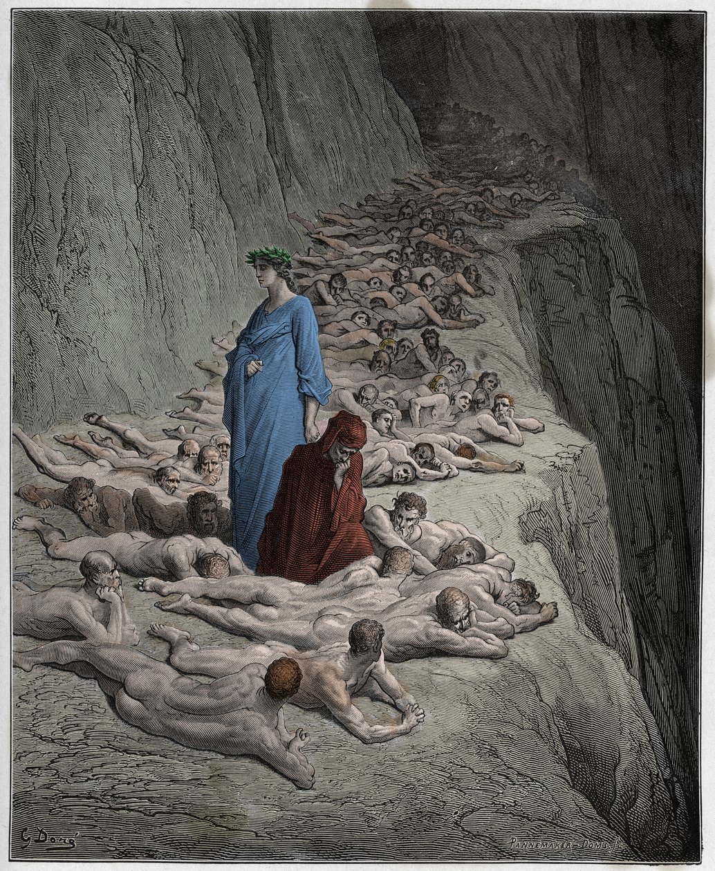 Purgatorio, Canto 19: De grådiges sjæle: Adrian V (pape Adrien V) taler til Dante, illustration fra Den guddommelige komedie af Dante Alighieri, 1885 (digitalt farvet gravering) af Gustave after Dore