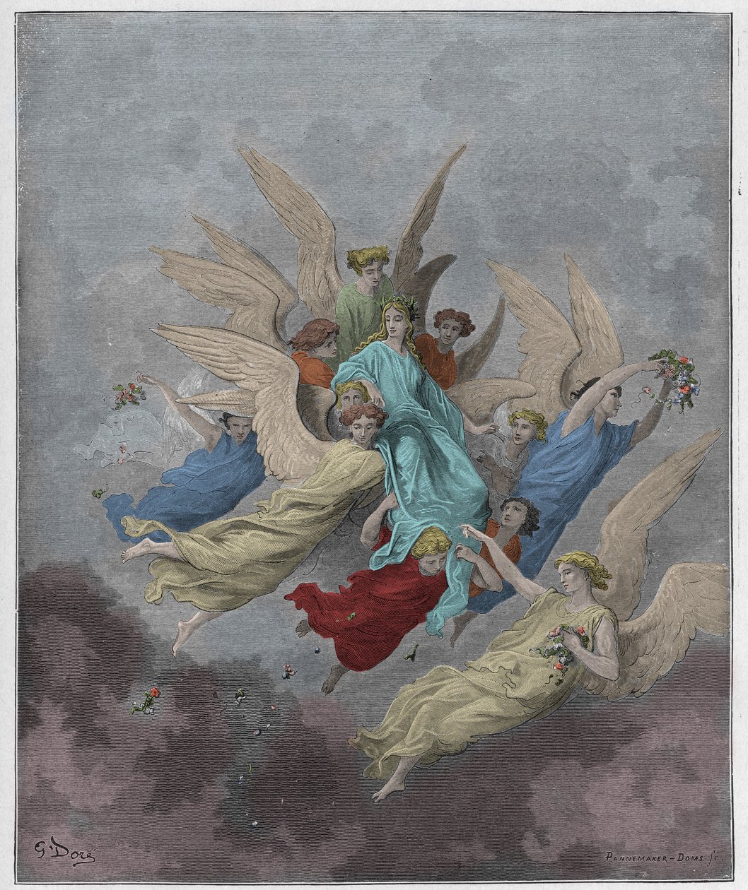 Purgatorio, Canto 30 : Beatrice blandt englene, illustration fra Den guddommelige komedie af Dante Alighieri, 1885 (digitalt farvelagt gravering) af Gustave after Dore
