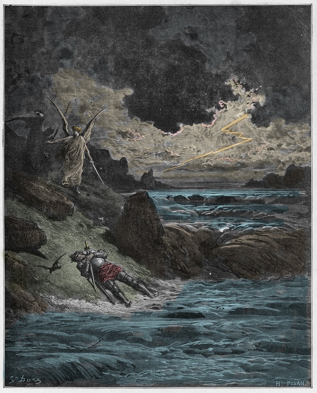 Purgatorio, Canto 5: Liget af Buonconte (Bonconte) da Montefeltro i Arno, illustration fra Den guddommelige komedie af Dante Alighieri, 1885 (digitalt farvet gravering) af Gustave after Dore