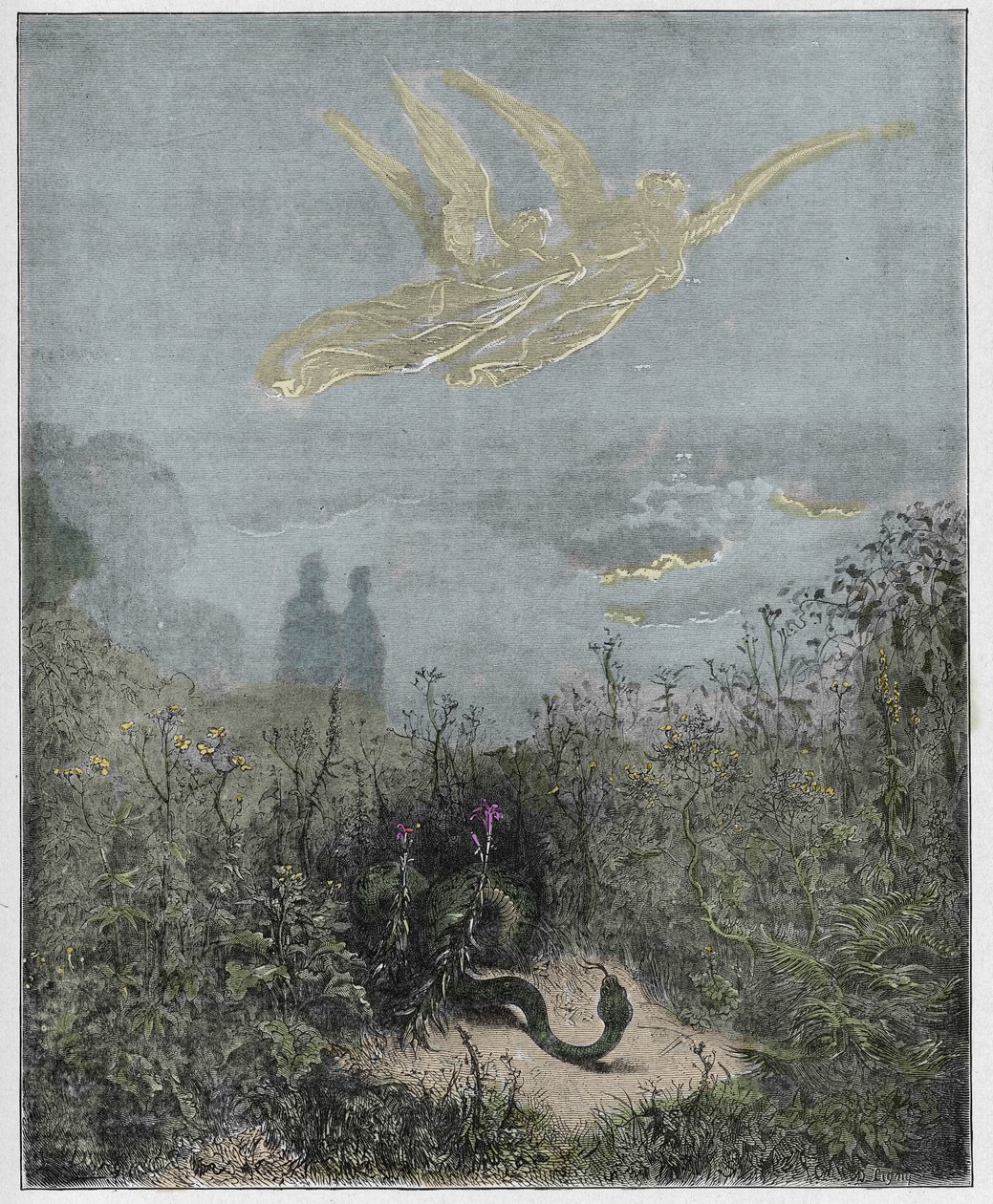 Purgatorio, Canto 8: Englene driver slangen væk, illustration fra Den guddommelige komedie af Dante Alighieri, 1885 (digitalt farvet gravering) af Gustave after Dore