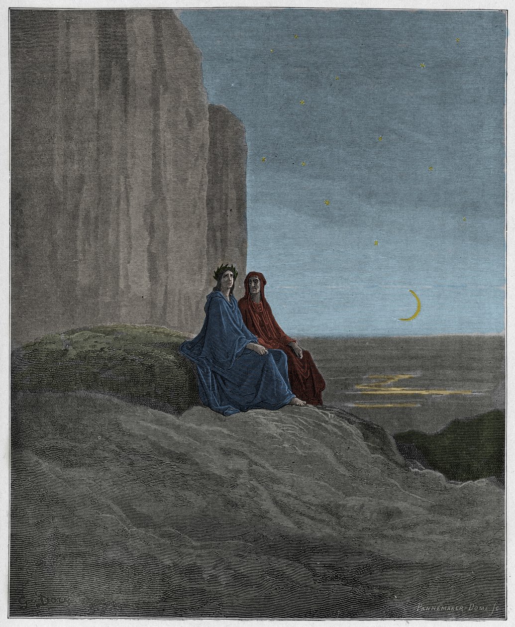 Purgatorio, Canto 9: Twilight, illustration fra The Divine Comedy af Dante Alighieri, 1885 (digitalt farvet gravering) af Gustave after Dore
