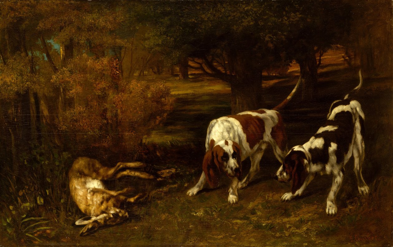 Jagthunde med død hare, 1857. af Gustave Courbet