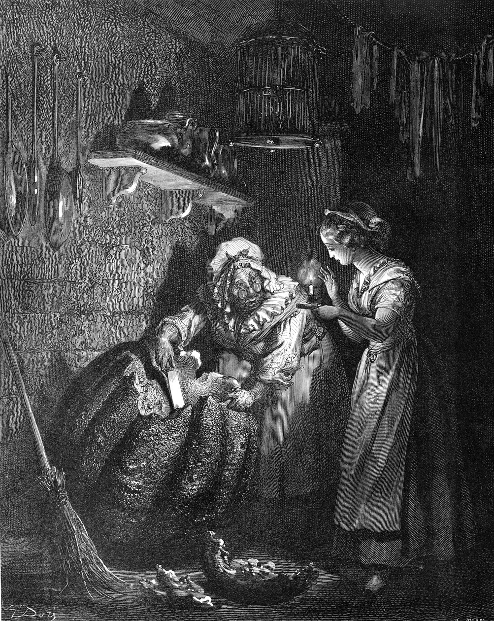 Askepot: Fe gudmor udskærer græskarret. af Gustave Dore