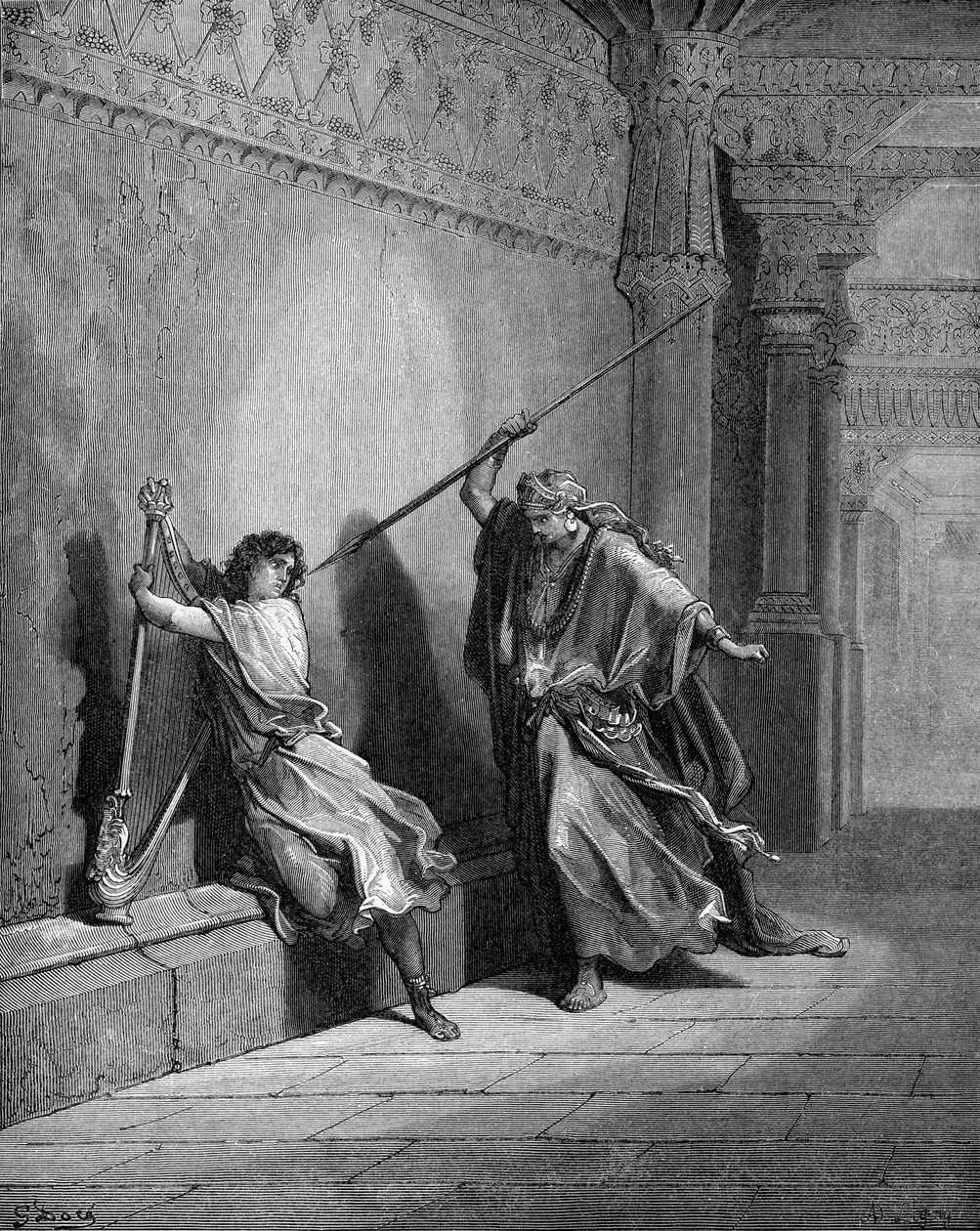 Saul forsøger at dræbe David af Gustave Dore