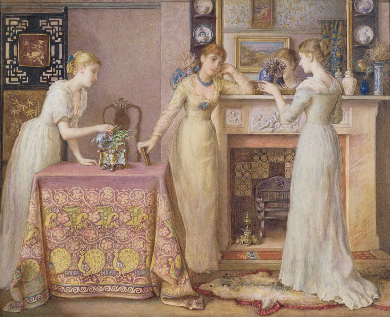 Tre søstre, et æstetisk Arts & Crafts-interiør, 1877 (wc på papir) af Gustavus Arthur Bouvier