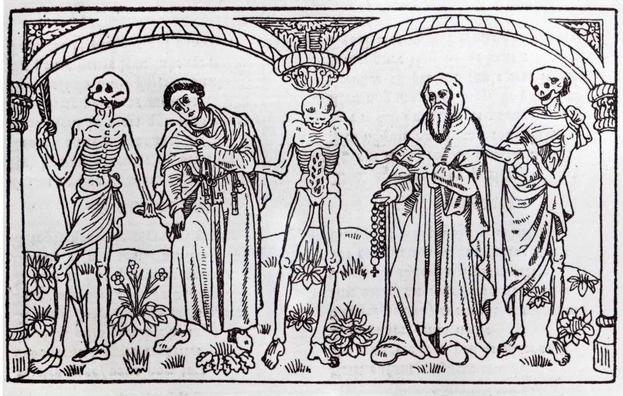 Døden tager munken og abbeden, fra Danse Macabre, udgivet Paris, 1485 af Guy Marchant