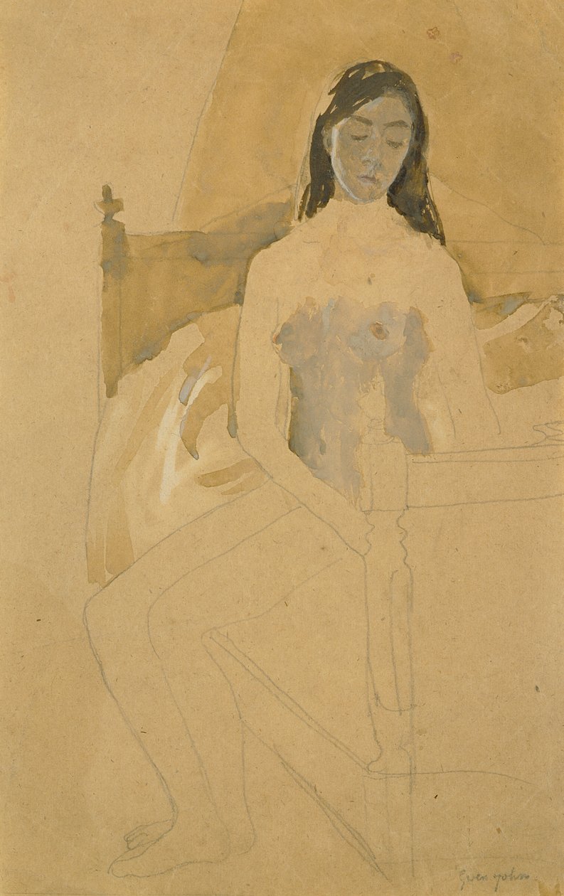 Selvportræt, nøgen, siddende på en seng (blyant og wc på papir) af Gwen John