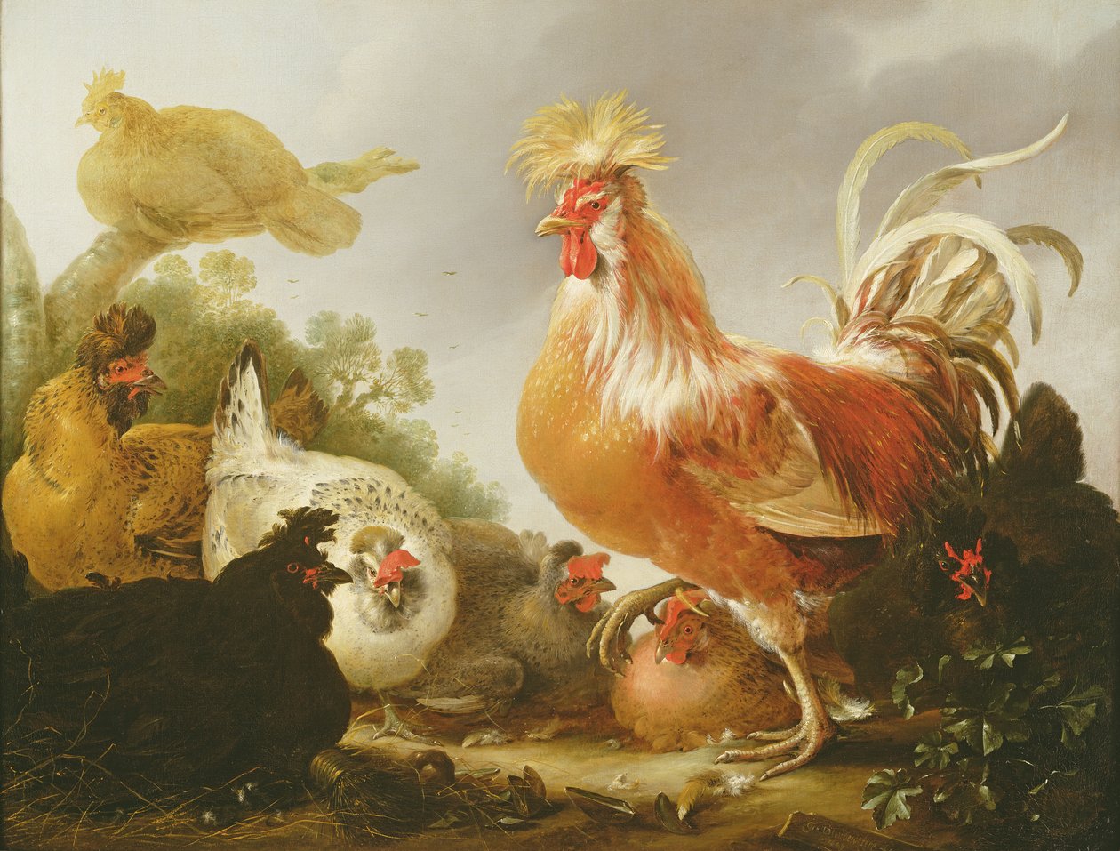 Hane og høns i et landskab, 1649 af Gysbert Hondecoeter