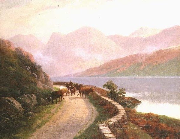 Kører med køer ved søen Buttermere, aften af H.R. Hall