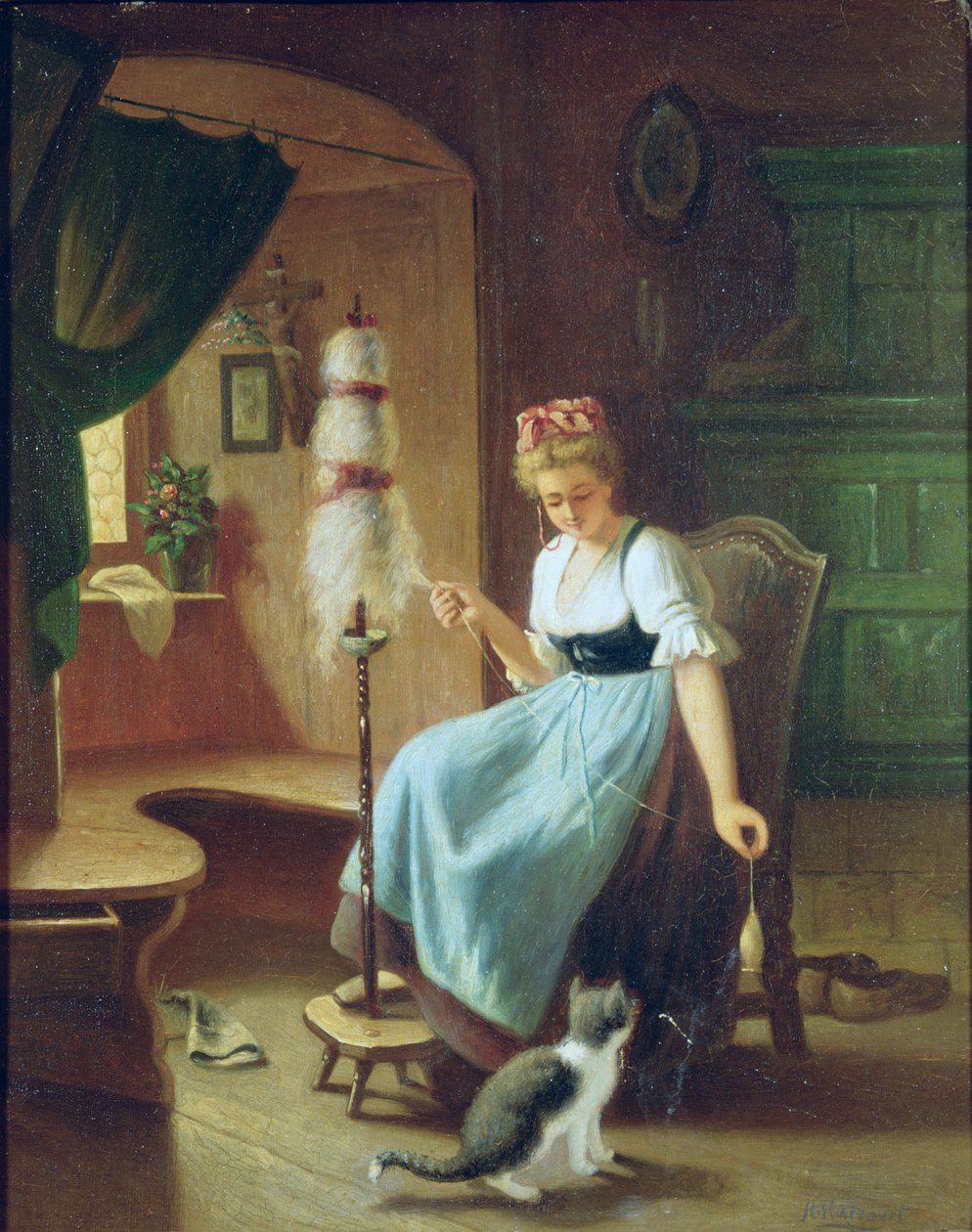 Pige ved et snurrehjul af H Harcourt
