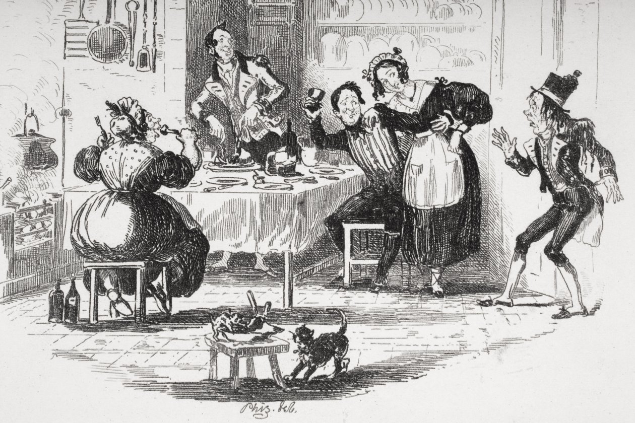 Job Trotter møder Sam i Mr. Muzzles køkken, illustration fra `The Pickwick Papers