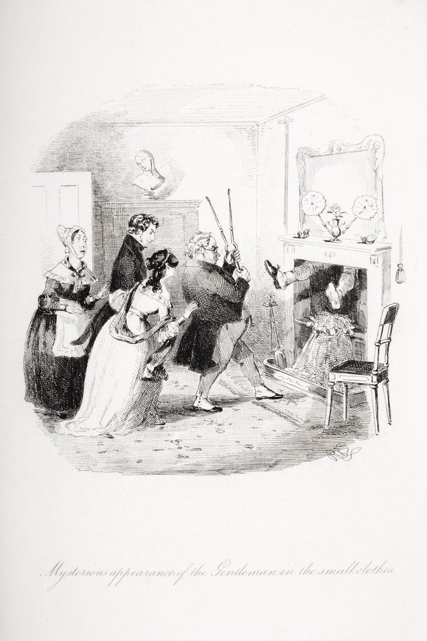 Den mystiske fremtoning af den lilleklædte herre, illustration fra Nicholas Nickleby af Charles Dickens (1812-70) udgivet 1839 af Hablot Knight Browne