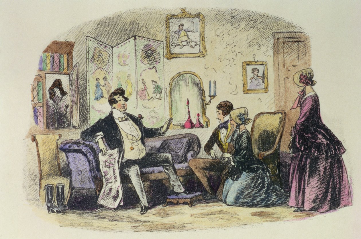 Prins Turveydrop velsigner sin søn og svigerdatter, da de annoncerer deres forlovelse, mens Esther Summerson ser til, illustration fra "Bleak House" af Charles Dickens (1812-70) 1853 (farve en af Hablot Knight Browne