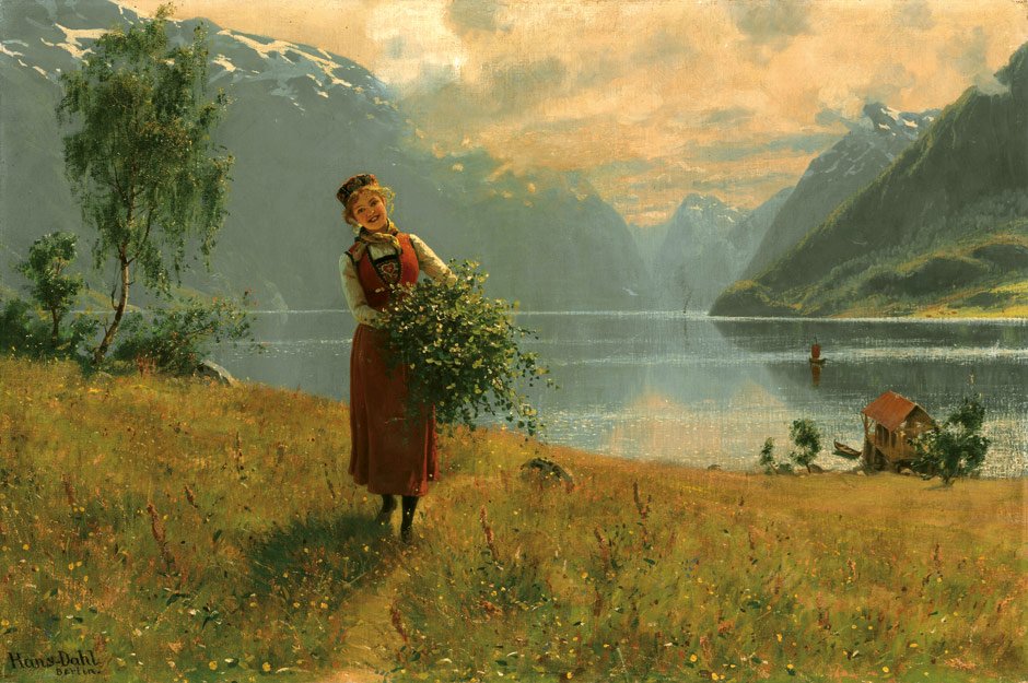 Ung pige med birkegrene foran en norsk fjord. af Hans Dahl