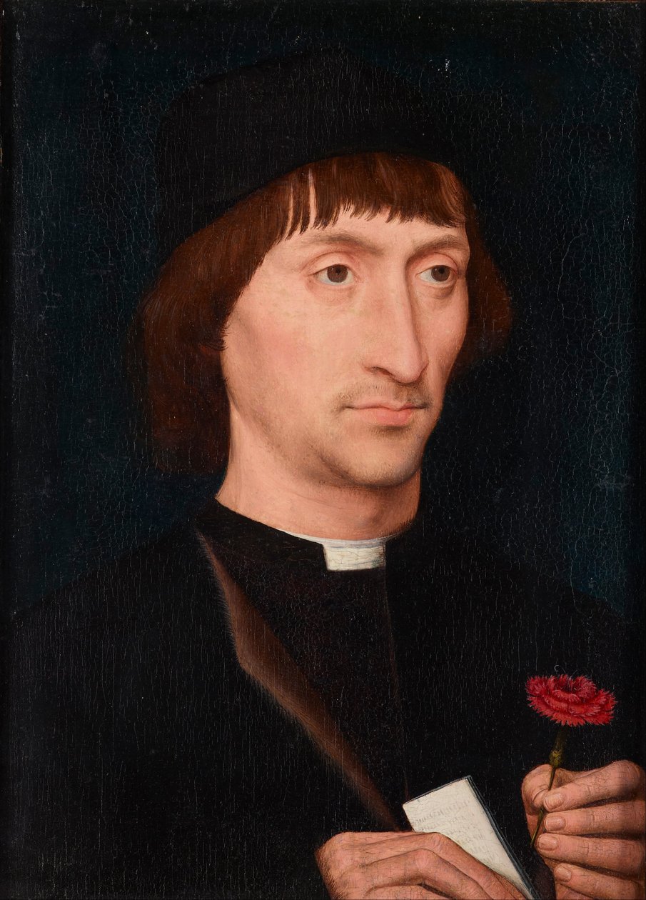 Portræt af en mand med en lyserød af Hans Memling