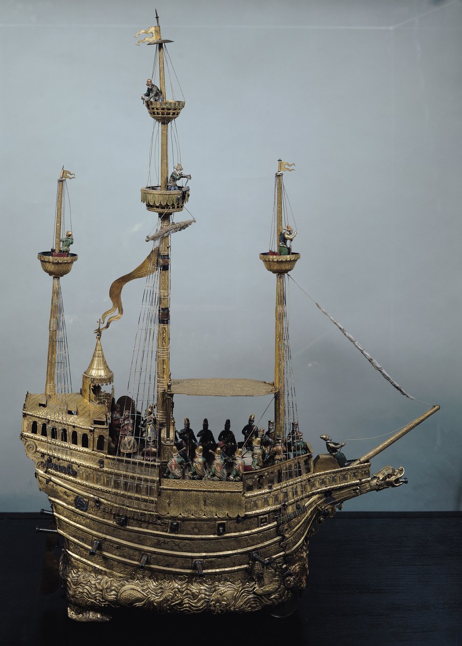 Charles V automatiske ur i form af et nef, ca. 1580 (messing & emalje) af Hans Schlottheim