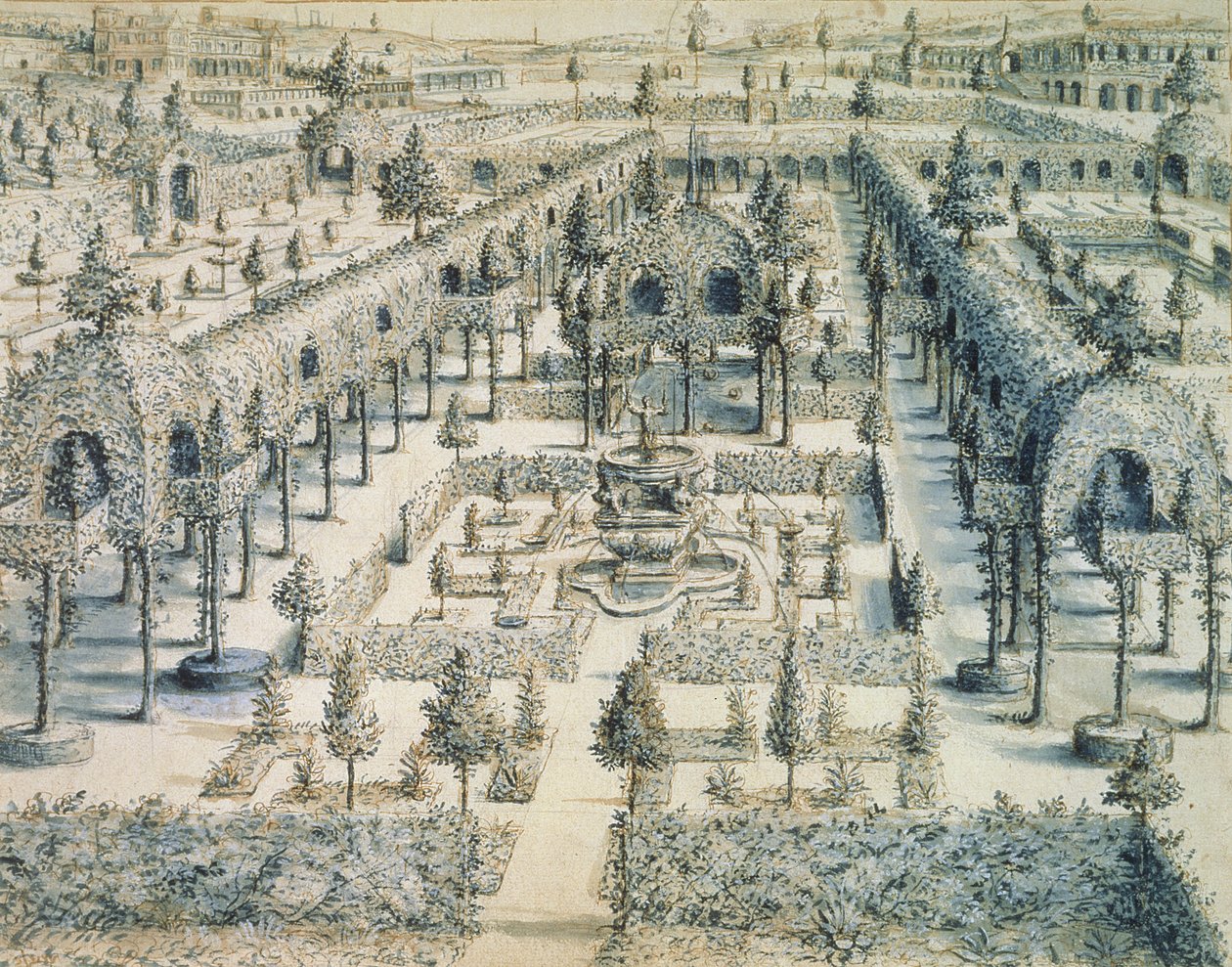 Design til en prydhave, 1576 (pen, blæk og blå vask på papir) af Hans or Jan Vredeman de Vries
