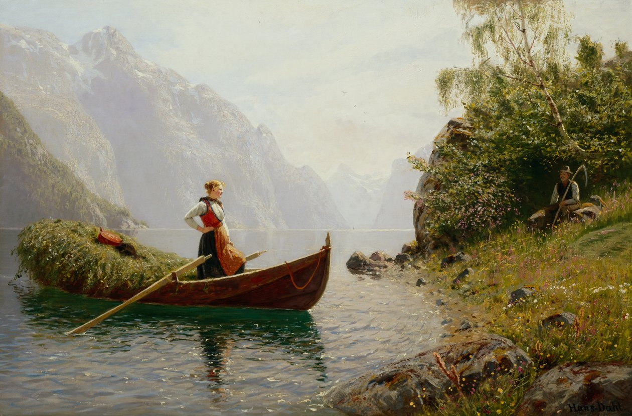 Kvinde og mand i fjordlandskab af Hans Dahl