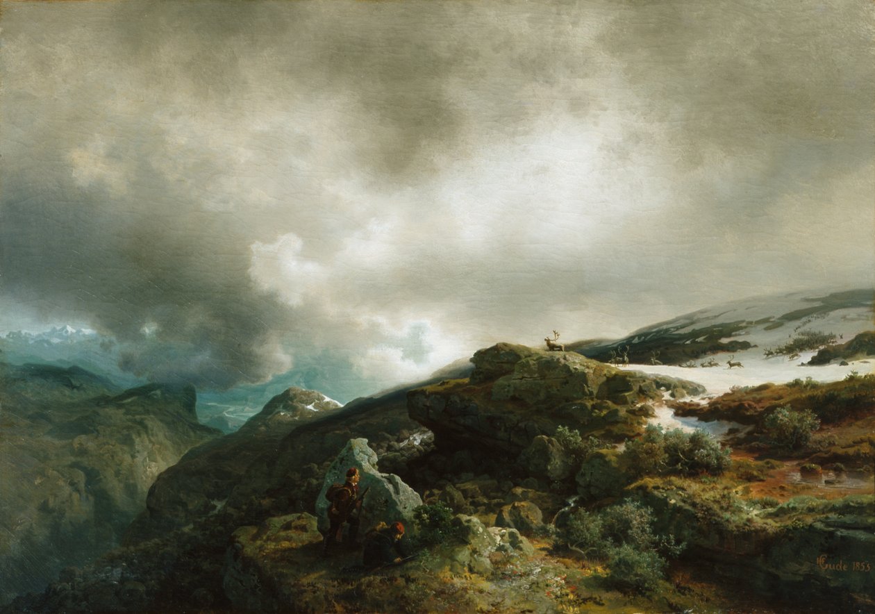 Højtliggende bjerglandskab med rensdyrjægere (maleri) af Hans Gude