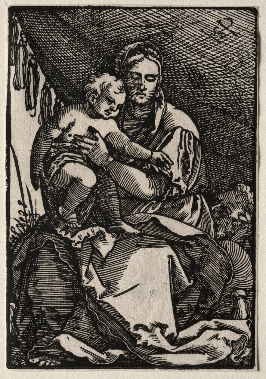 Den hellige familie under et telt. af Hans Sebald Beham