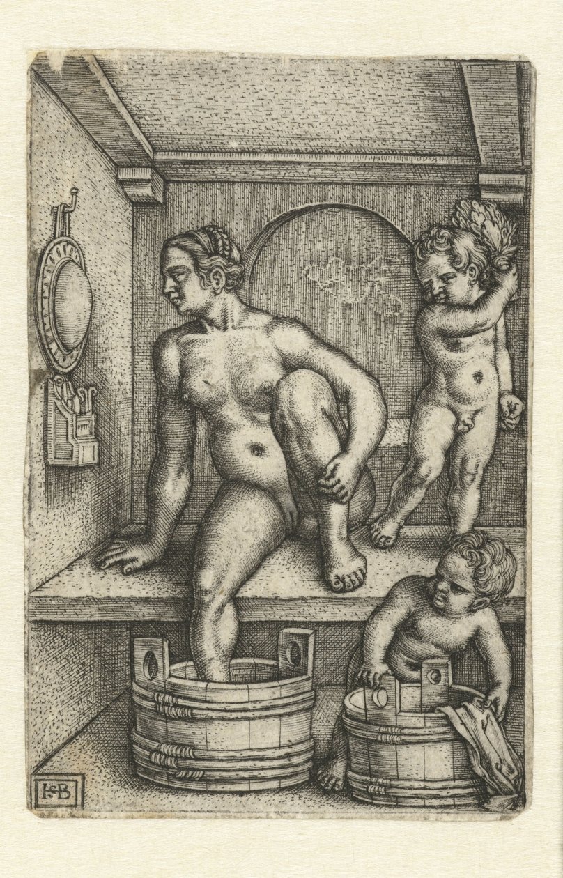 Kvinde med to børn på badeværelset af Hans Sebald Beham