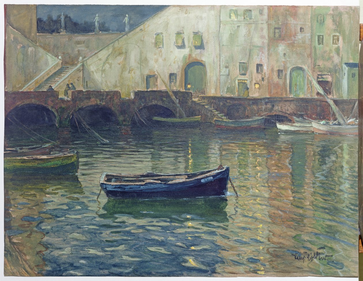 Havn i måneskin, ca. 1900 (wc på papir) af Hans Volcker