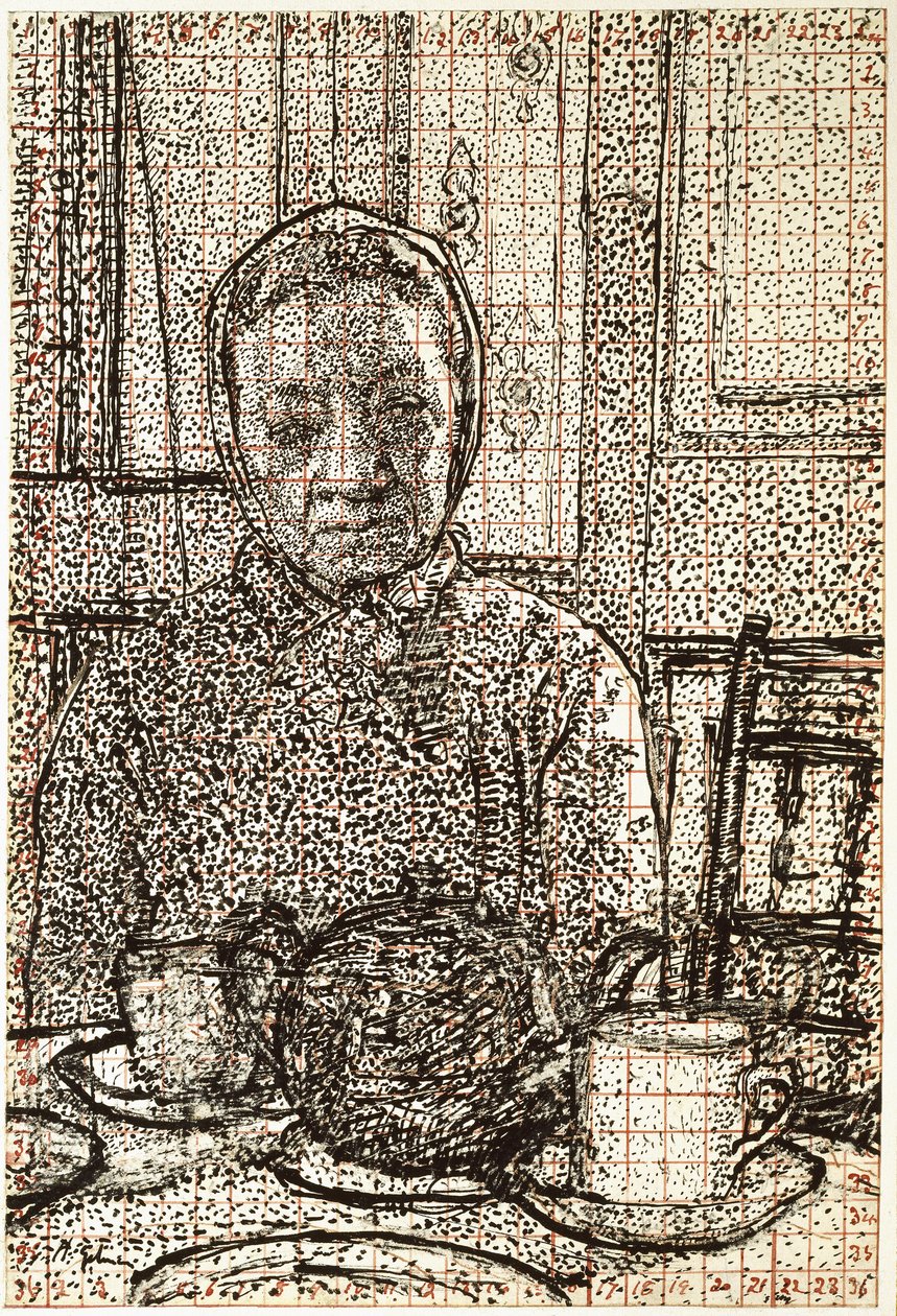 Mrs Mounter ved morgenmadsbordet, 1916 - 1917 (pen og sort blæk, delvist ridset, firkantet med rødt blæk) af Harold Gilman