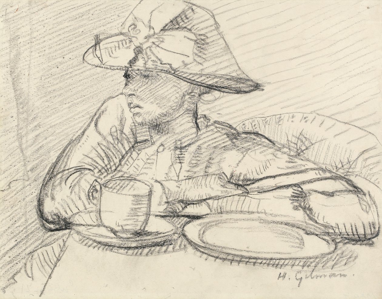 Portræt af Mary L. (sort kridt på papir) af Harold Gilman