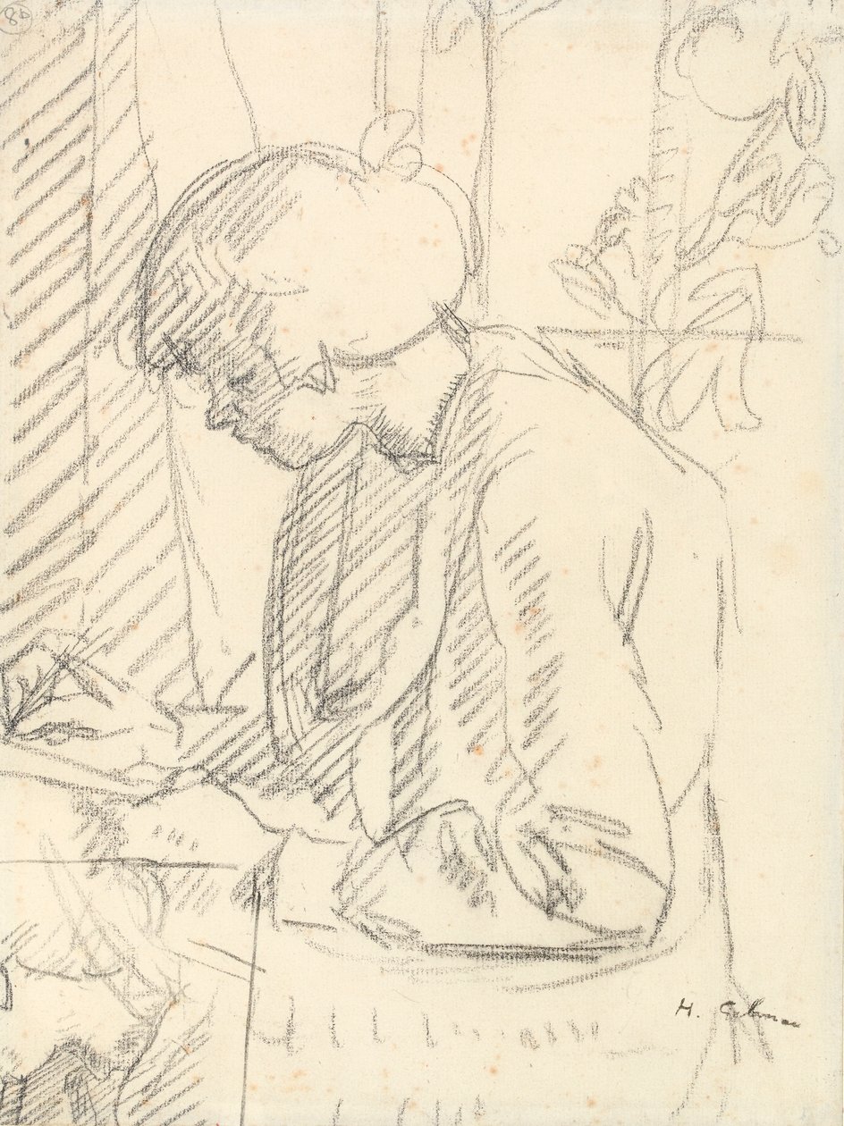 En pige skriver (sort kridt på papir) af Harold Gilman
