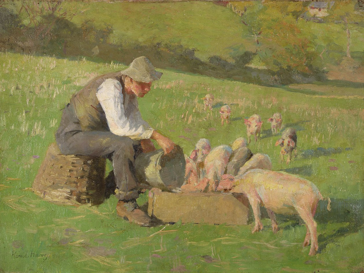 Fodringstid (olie på lærred) af Harold Harvey