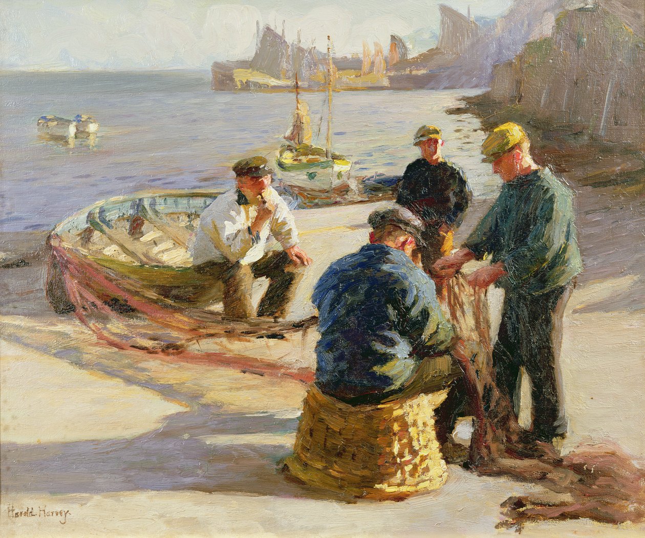 Newlyn Harbour: Mending the Nets af Harold Harvey
