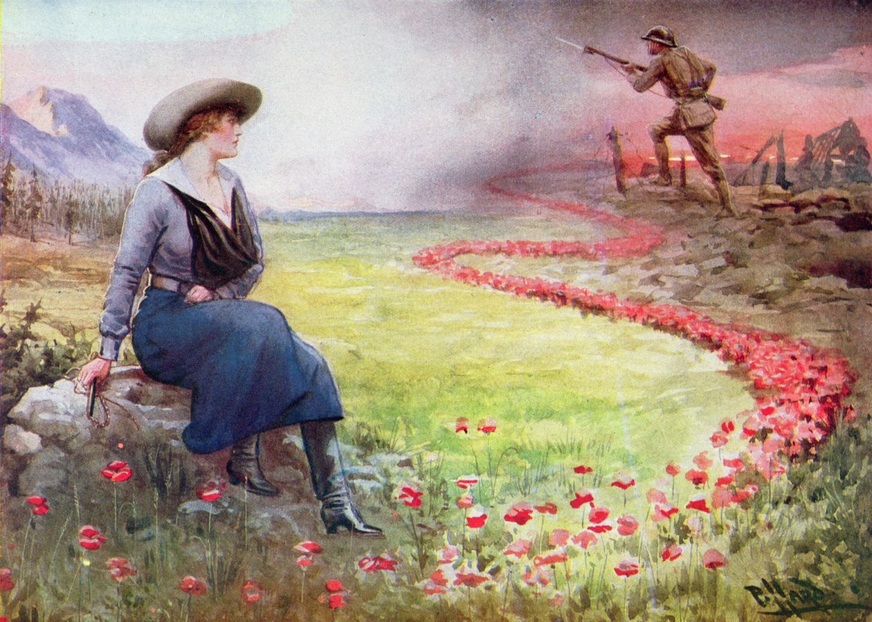 Den tynde røde linje (farve litho) af Harold Hume Piffard