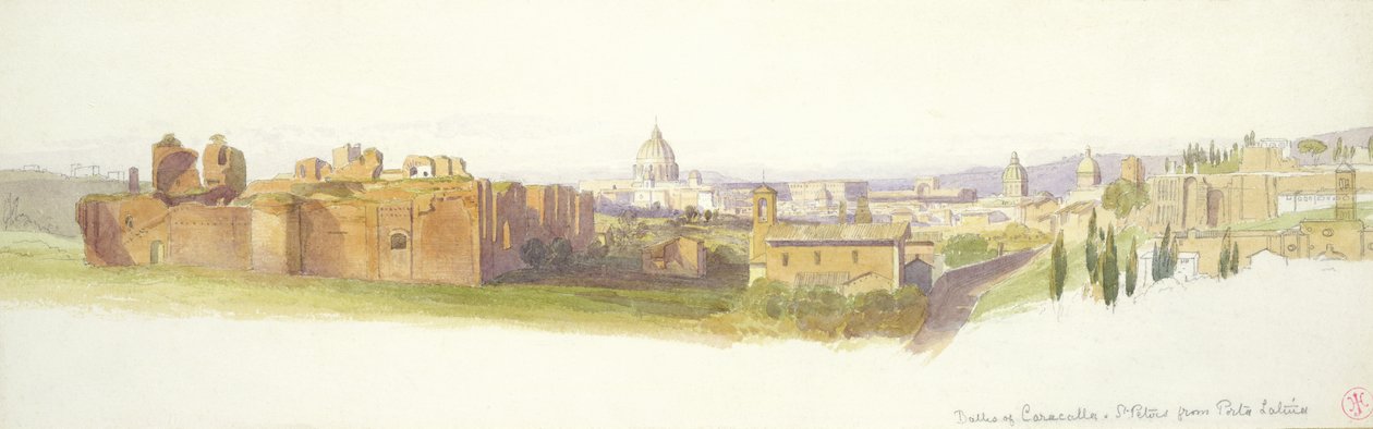 Caracalla- og St. Petersbadene fra Porta Latina, Rom (blyant og wc på papir) af Harry John Johnson
