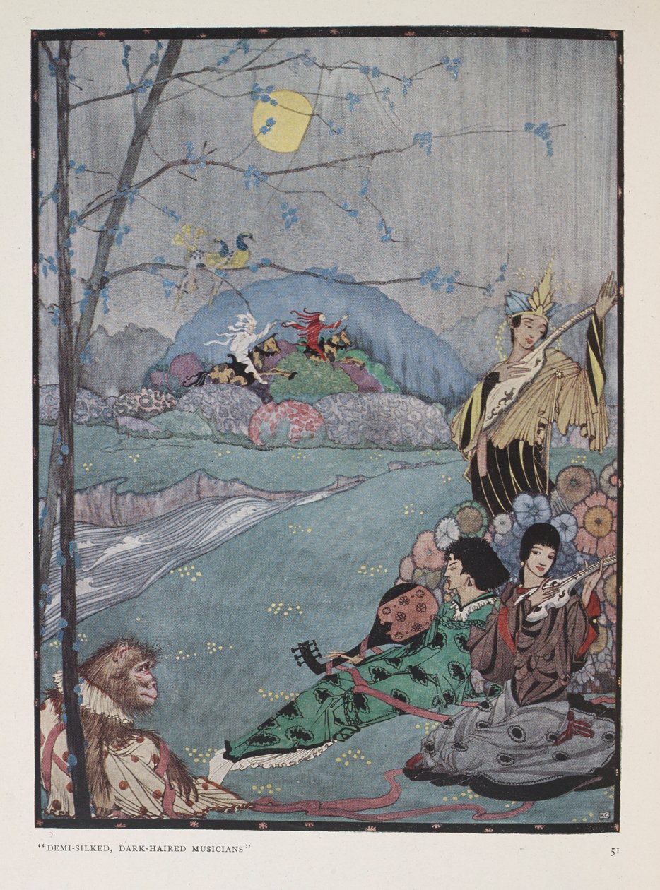 Arabien. "Demi-silkede mørkhårede musikere" af Harry Clarke