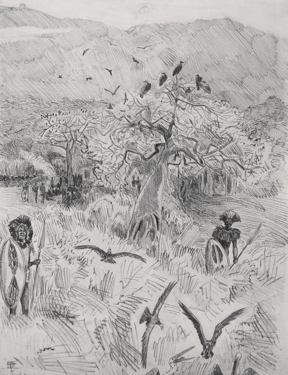 Masai Camp, ca. 1884 (pen på papir) af Harry Hamilton Johnston