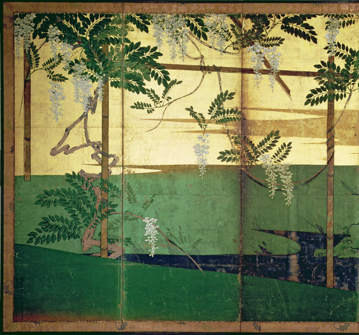 Wisteria i blomst (pen og blæk, farve, guldpapir på panel) (se 216564) af Hasegawa Soen