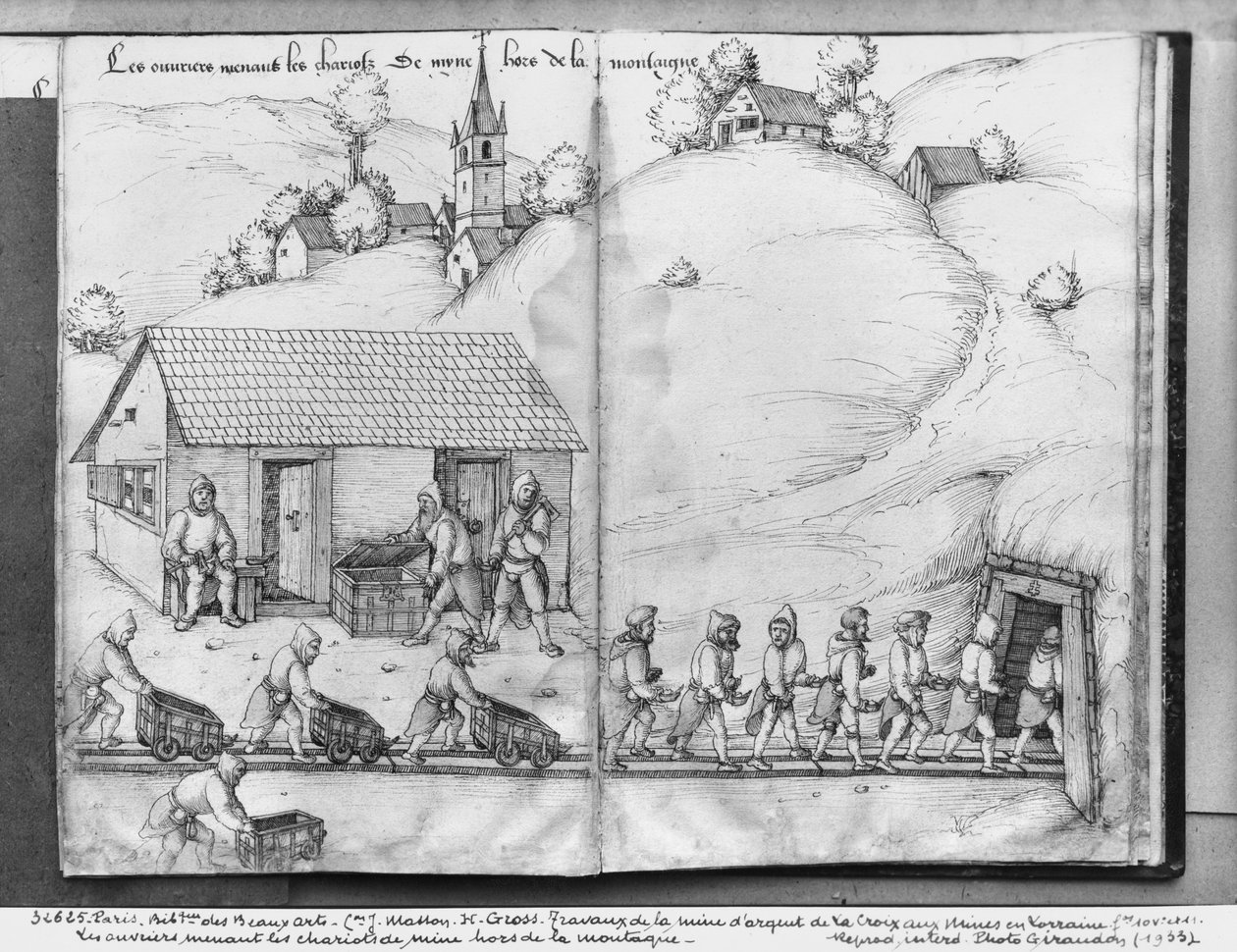 Sølvmine i La Croix-aux-Mines, Lorraine, fol.10v og fol.11r, minearbejdere, der skubber lastbiler, ca. 1530 (pen og blæk og wc på papir) af Heinrich Gross or Groff