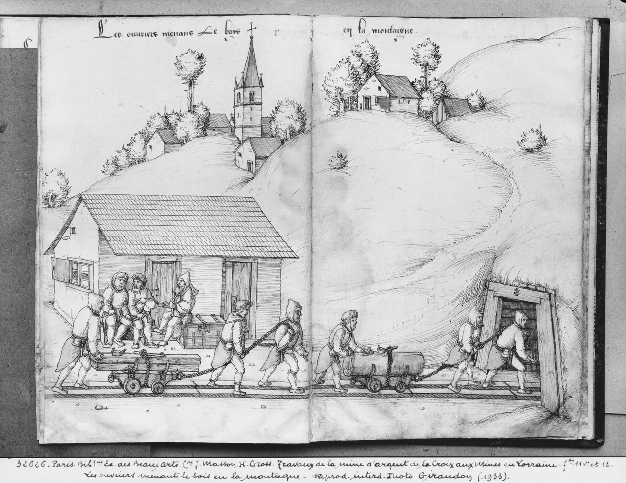 Sølvmine i La Croix-aux-Mines, Lorraine, fol.11v og fol.12r, minearbejdere bringer træ ind i minen, ca. 1530 (pen og blæk og wc på papir) af Heinrich Gross or Groff