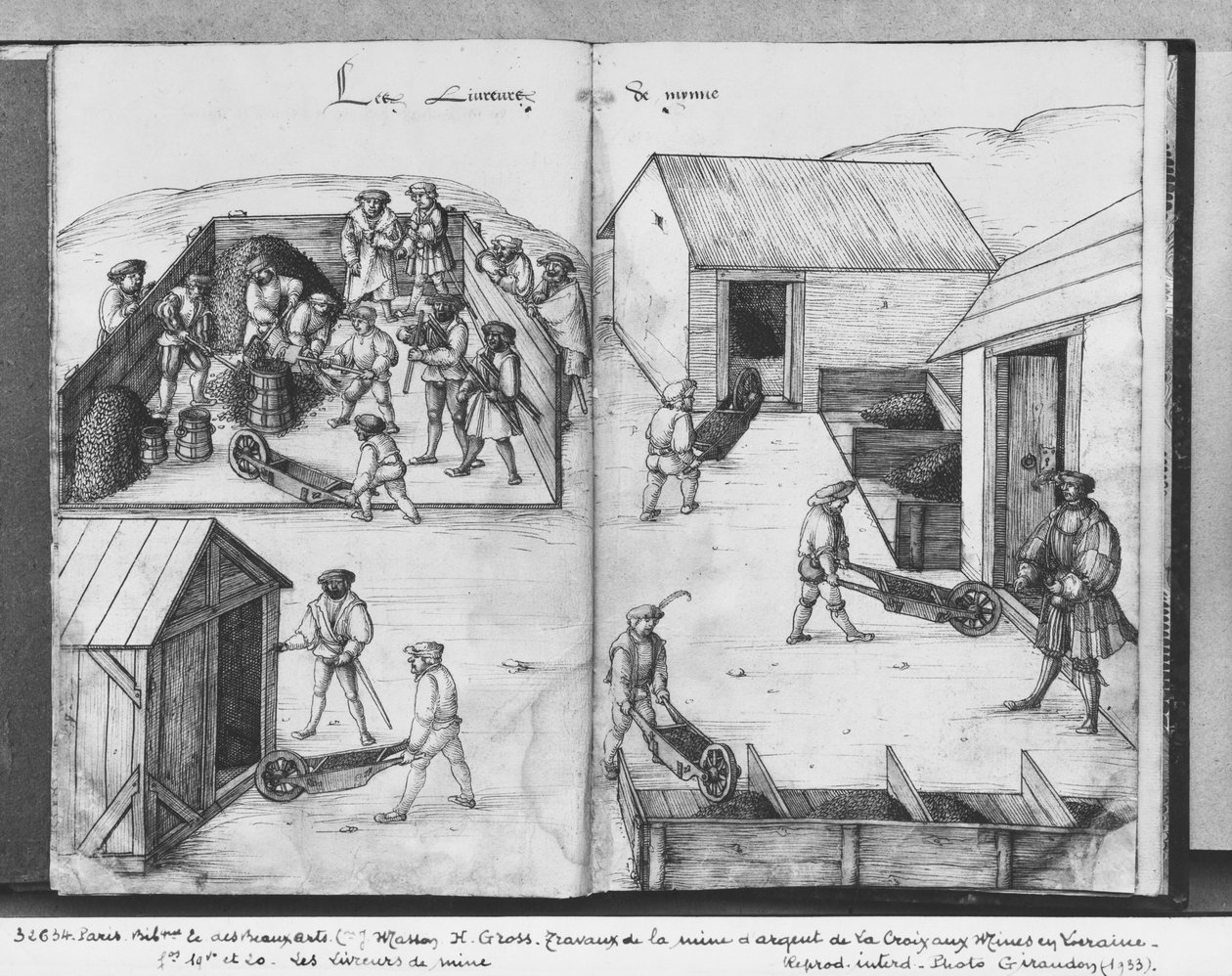 Sølvmine i La Croix-aux-Mines, Lorraine, fol.19v og fol.20r, levering af malm, ca. 1530 (pen og blæk og wc på papir) af Heinrich Gross or Groff
