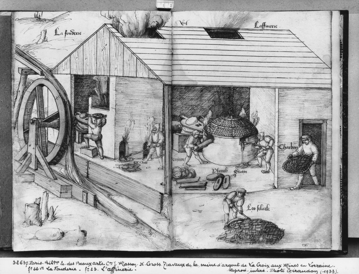 Sølvmine i La Croix-aux-Mines, Lorraine, fol.22v og fol.23r, støberi og raffinering, ca. 1530 (pen og blæk og wc på papir) af Heinrich Gross or Groff