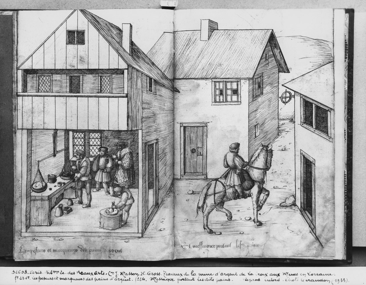 Sølvmine i La Croix-aux-Mines, Lorraine, fol.23v og fol.24r, vejning og stempling af sølvbarrene, en budbringer med barrerne, ca. 1530 (pen og blæk og wc på papir) af Heinrich Gross or Groff