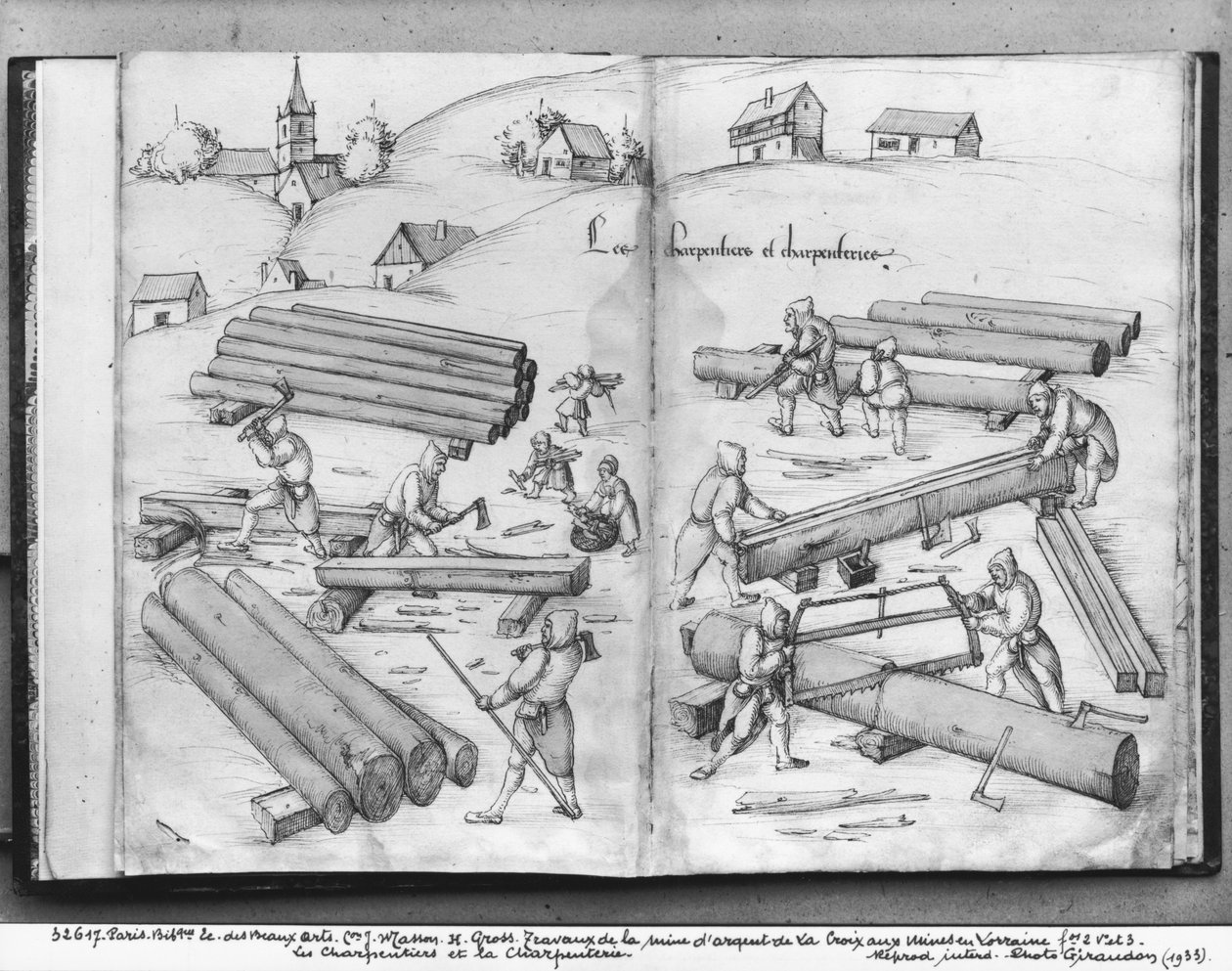 Sølvmine i La Croix-aux-Mines, Lorraine, fol.2v og fol.3r, tømrer og snedkeri, ca. 1530 (pen og blæk og wc på papir) af Heinrich Gross or Groff
