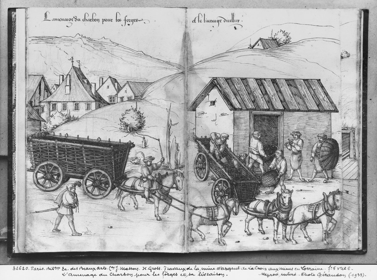 Sølvmine i La Croix-aux-Mines, Lorraine, fol.5v og fol.6r, transport og levering af kul til smederne, ca. 1530 (pen og blæk og wc på papir) af Heinrich Gross or Groff