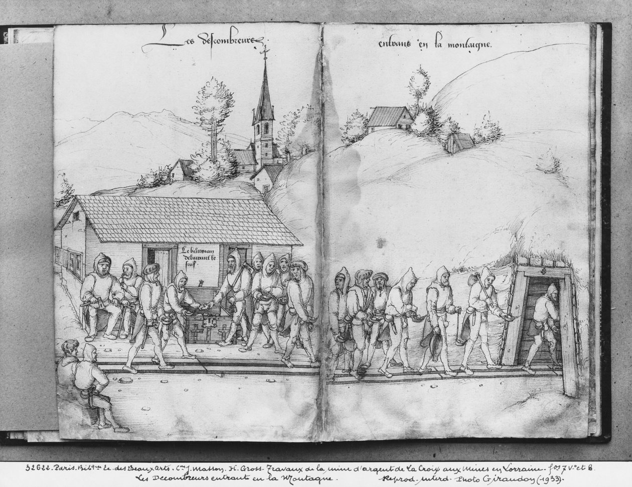 Sølvmine i La Croix-aux-Mines, Lorraine, fol.7v og fol.8r, samlere på vej ind i minen, ca. 1530 (pen og blæk og wc på papir) af Heinrich Gross or Groff