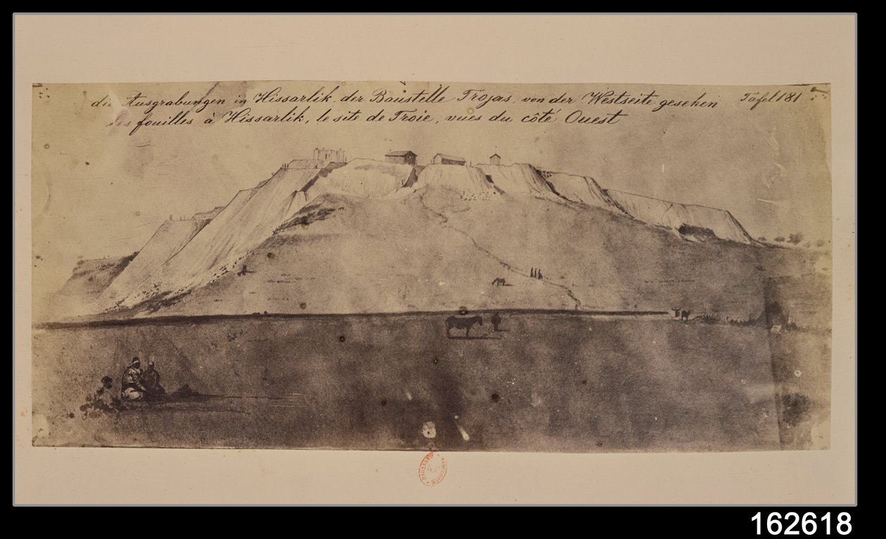Udsigt over Troja-udgravningerne set fra vest (pen og blæk og vask) af Heinrich Schliemann