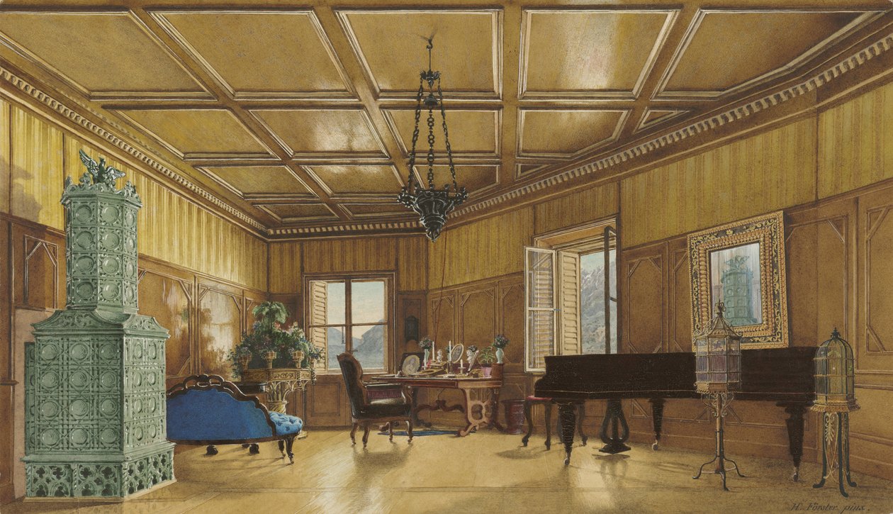 Ærkehertuginde Margaretes, prinsesse af Sachsen, musikværelse i Schloss Ambras, 1870-9 (akvarel og gouache på vævet papir) af Heinrich von Förster