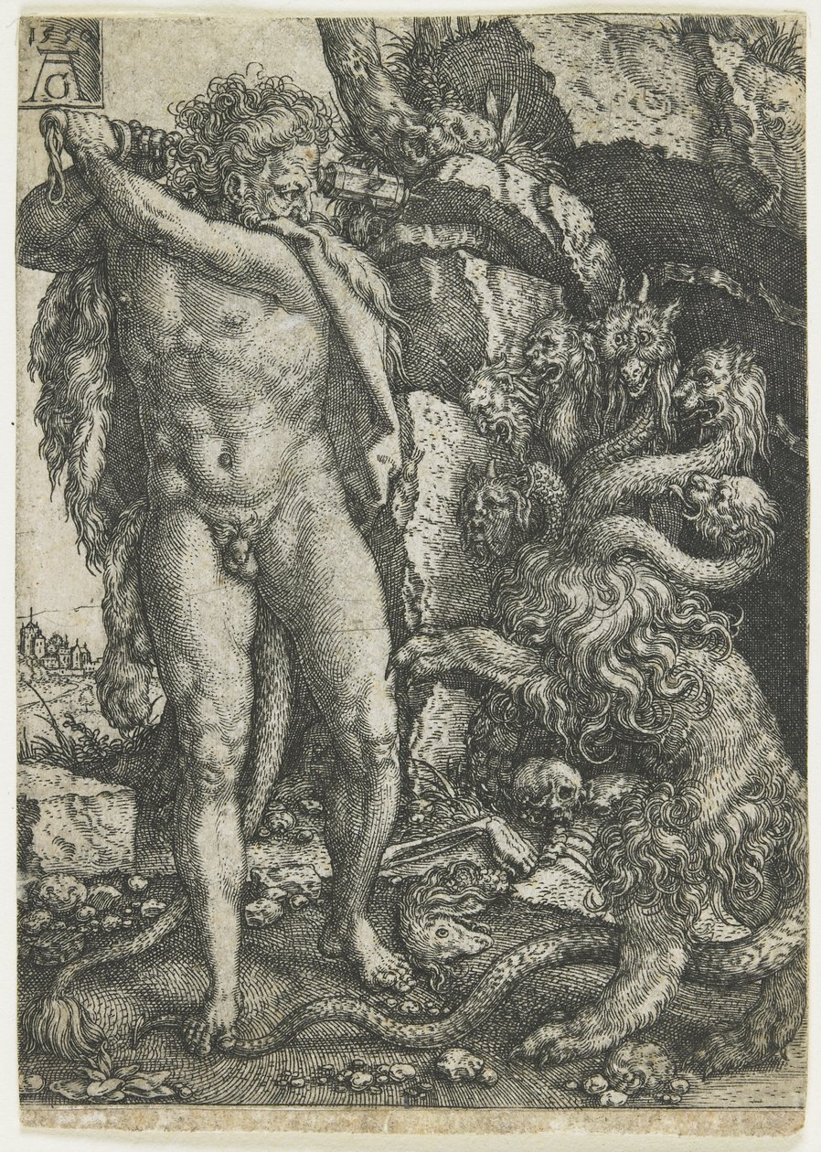 Hercules ødelægger Lernaean Hydra, 1550 af Heinrich Aldegrever